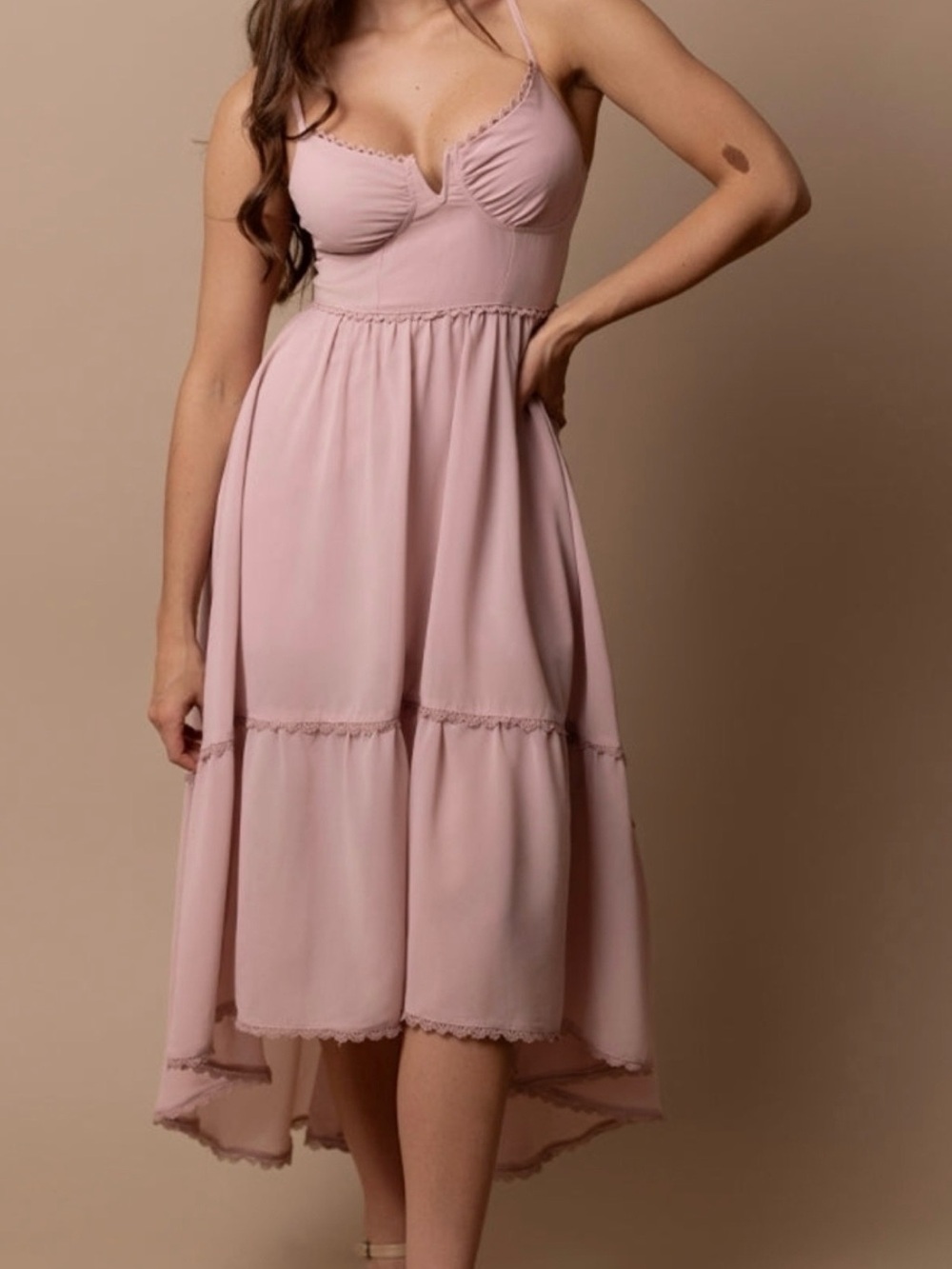 Joyfolie Dusty Rose High-Low Lace-Trim Midi Dress